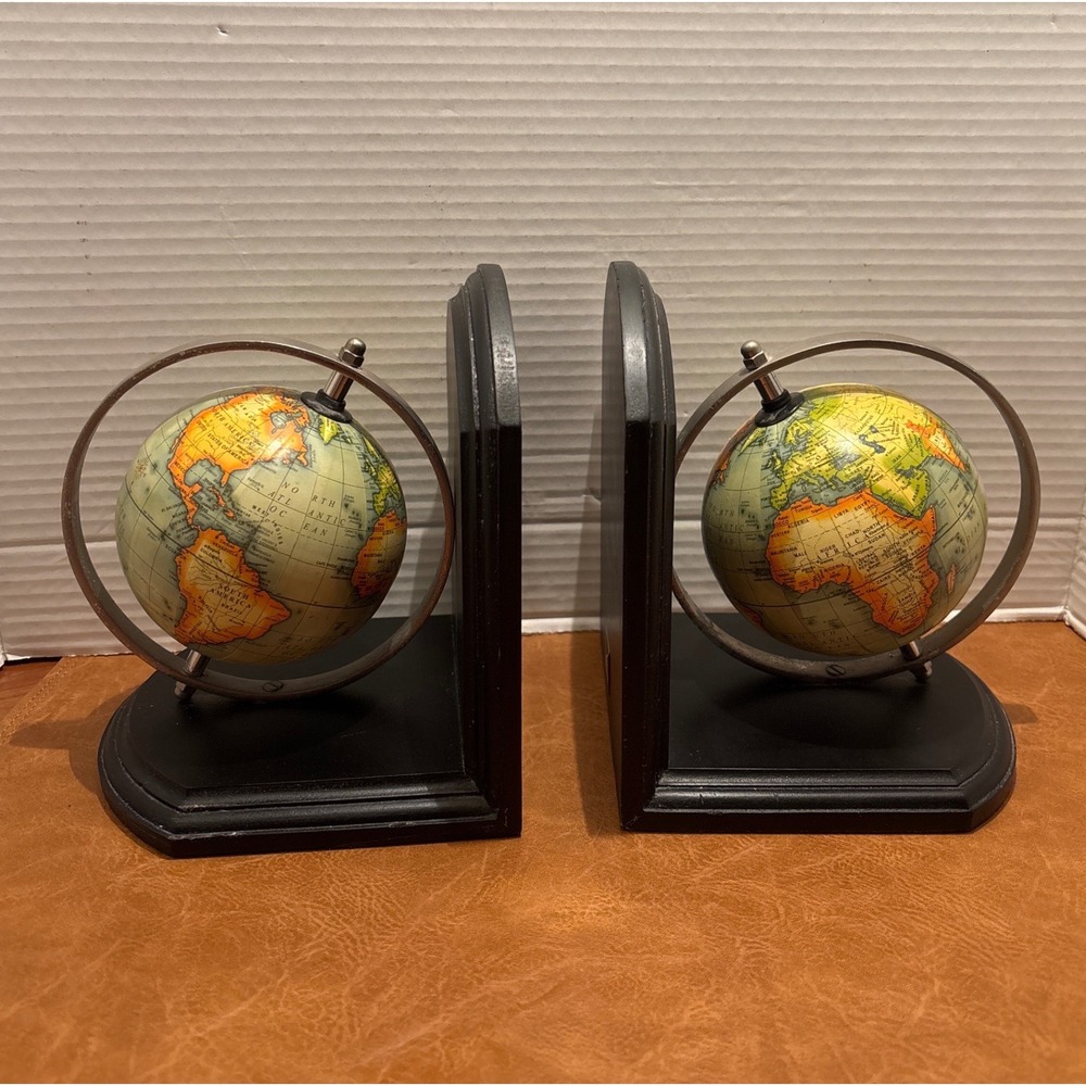 Vintage Style Rotating World Globe Bookends Black Wood Base Library Decor Set